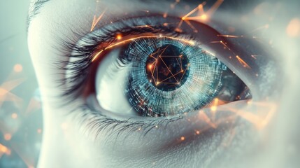 Poster - an abstract digital eye, with geometric shapes and holographic elements radiating from the iris,