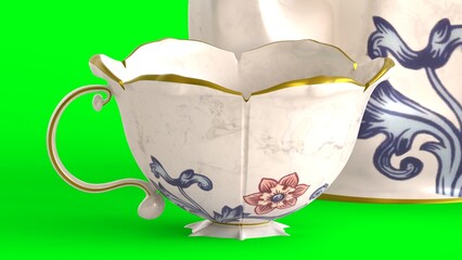 Wall Mural - traditional tea set with green background