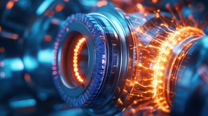 Poster - A close-up view of a futuristic mechanical component with glowing lights and intricate designs, showcasing a blend of technology and artistry.