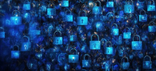Poster - Digital locks security concept, multiple blue padlocks, abstract background, technology, data protection, cybersecurity, copy space for text