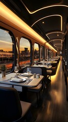 Poster - Contemporary train dining car with sleek finishes and large windows. Soft lighting and modern decor for an upscale dining experience on the go.