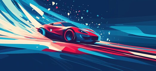 Poster - Dynamic red sports car racing through abstract blue and red background, showcasing speed and motion, copy space for text