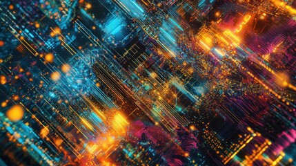 Poster - a stunning visual of a quantum computer's inner workings, with luminous circuits and flowing data st