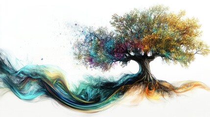 Fototapete - A surreal representation of a quantum tree with its roots intertwined with colorful waves of energy, illustrating