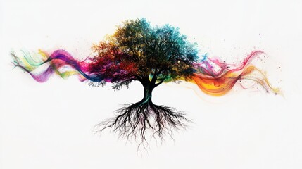 Fototapete - A surreal representation of a quantum tree with its roots intertwined with colorful waves of energy, illustrating