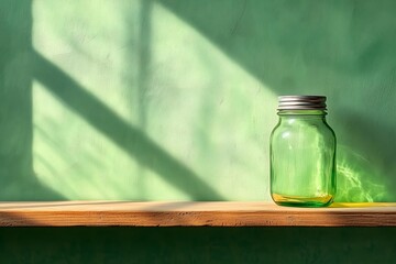 Wall Mural - Green Glass Jar on Wooden Shelf Against Green Wall