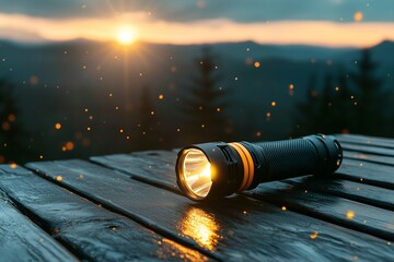 Wall Mural - Illuminated Flashlight on Wooden Table with Sunset Background