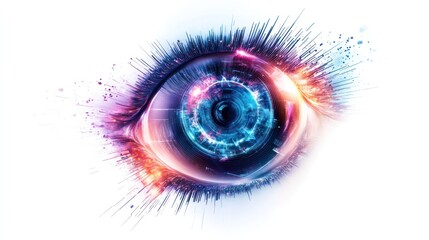 Poster - an abstract digital eye, with geometric shapes and holographic elements radiating from the iris,