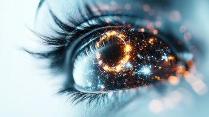 Poster - an abstract digital eye, with geometric shapes and holographic elements radiating from the iris,