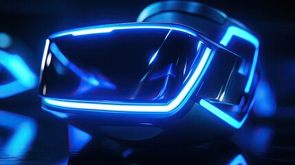 Poster - A close-up of VR headset glowing in neon blue light on a dark background.
