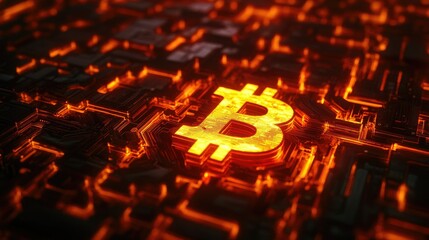 Poster - A glowing Bitcoin symbol emerging from a maze of circuit board patterns.