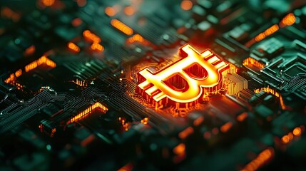 Poster - A glowing Bitcoin symbol emerging from a maze of circuit board patterns.