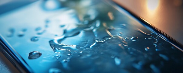 Poster - Water droplets forming puddles on smartphone screen display