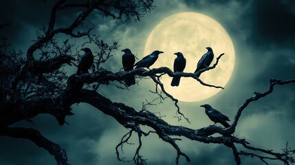 five crows perched on a barren tree branch at night, silhouetted against a large full moon.