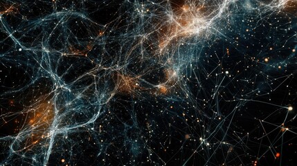 Poster - Abstract concept of big data flow with network lines and blockchain data fields, visualizing the power of AI, digital communication, and scientific research in the digital age