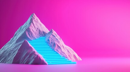 Poster - A colorful, surreal scene featuring a mountain with glowing blue stairs against a vibrant pink background.