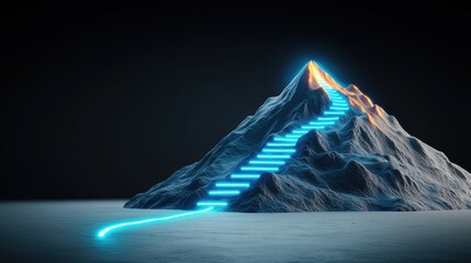 Poster - A futuristic mountain with glowing blue stairs leading to the peak, set against a dark background.
