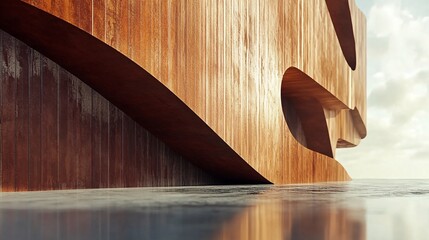 Aufkleber - Modern wooden building reflecting on wet pavement under cloudy sky
