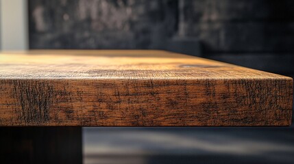 Poster - Close up of rustic wooden table corner showing wood grain and texture