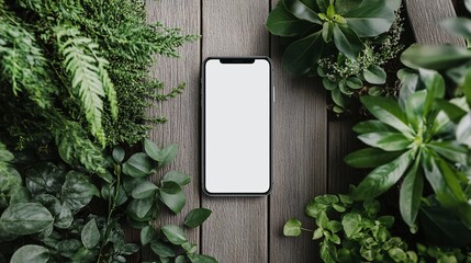 Aufkleber - Smartphone with blank screen displaying on wooden table surrounded by green plants