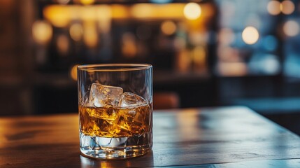 Poster - Glass of whisky with ice cubes sitting on bar counter in blurred restaurant background