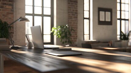 Poster - Modern office desk with laptop and tablet in sunny loft space