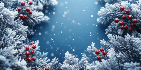 Wall Mural - christmas tree decoration top view, blue background. merry christmas and happy holidays greeting car