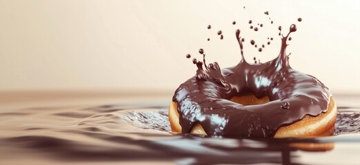 Poster - Chocolate donut splashing in liquid, delicious dessert, sweet treat, glossy chocolate coating, dynamic motion, appetizing appearance, copy space for text