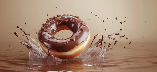 Poster - Chocolate donut splashing in water, delicious dessert, rich chocolate glaze, crispy texture, dynamic motion, sweet treat, copy space for text
