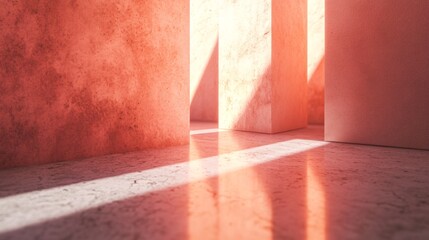Poster - Sunlight illuminating empty red geometric space with marble floor