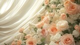 premium flower decoration, cascading white fabric, soft pastel blooms, mixed rose varieties, organic floral design, elegant event backdrop, professional lighting, luxury event aesthetic