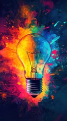 Wall Mural - Vivid lightbulb with colorful burst on soft gradient background