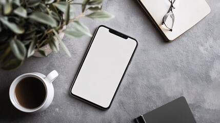 Poster - Smartphone with blank screen displaying on gray table with coffee, plant, and notebook