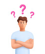 © Анна Тощева - Confused man James standing with crossed arms pose with red question mark, thinking of a solution. Choice, problem solving concept. 3d vector people character. Cartoon minimal style.