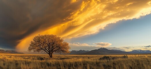 dramatic sunset over landscape with lone tree, mountains, and storm clouds. golden light illuminatin