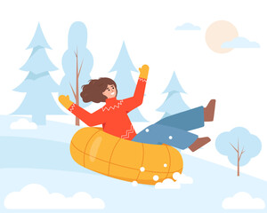 Happy woman riding tubing down hill. Fun cold winter weather. Girl on tubing. Snowy winter season outdoor activity. Vector character illustration isolated on white background.