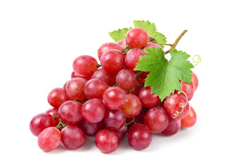Wall Mural - red grape cluster with leaves isolated on white background.