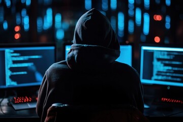 Poster - Focused individual works on multiple computer screens in a dark room late at night