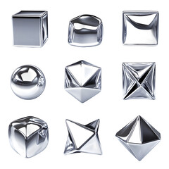Aufkleber - Variety of rotating silver geometric shapes displayed on a transparent background, ideal for design projects, showcasing diverse forms