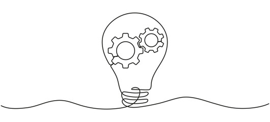 Poster - lightbulb with cogwheel inside continuous line art drawing. creative idea process. innovation symbol