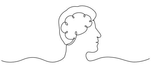Poster - Continuous line art drawing male head with brain. Thinking linear symbol. Mental health concept. Vector illustration isolated on white.