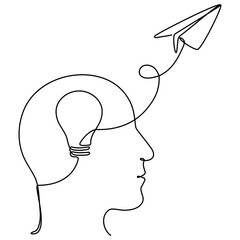 Poster - Head with light bulb inside and flying paper plane. Creative idea process. Business startup concept. Vector illustration isolated on white.