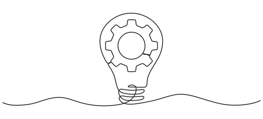 Poster - lightbulb with cogwheel inside continuous line art drawing. creative idea process. innovation symbol
