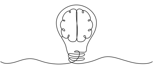 Poster - Human brain inside light bulb continuous line art drawing. Wisdom concept. Creative idea and insight  symbol. Vector illustration isolated on white.