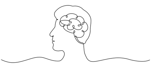 Poster - Continuous line art drawing male head with brain. Thinking linear symbol. Mental health concept. Vector illustration isolated on white.