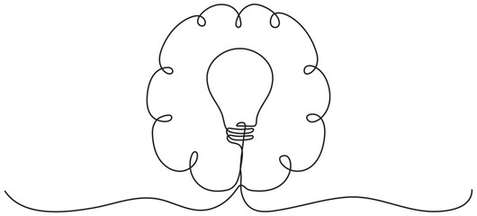 Poster - Light bulb inside human brain continuous line art drawing. Wisdom concept. Creative idea and insight symbol. Intellectual property sign. Vector illustration isolated on white.
