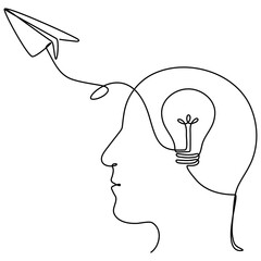 Poster - Head with light bulb inside and flying paper plane. Creative idea process. Business startup concept. Vector illustration isolated on white.