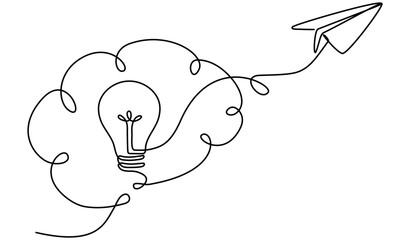 Poster - Brain with light bulb inside and flying paper plane. Creative business idea startup concept. Vector illustration isolated on white.