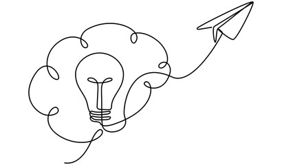 Poster - Brain with light bulb inside and flying paper plane. Creative business idea startup concept. Vector illustration isolated on white.
