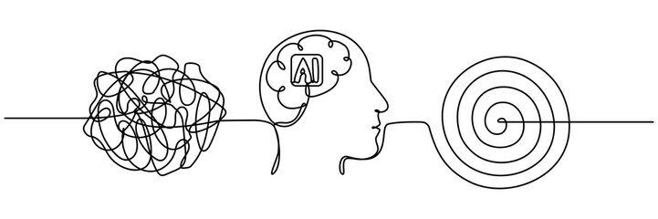 Poster - Artificial brain intelligence technology with chaos and order continuous line drawing. Problem solving search concept. Vector illustration isolated on white.